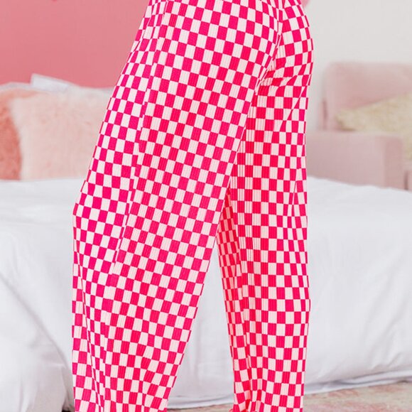 Pink Checkered Buttoned Shirt and High Waist Pants Pajama Set - Picture 5 of 16